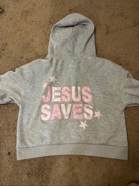 Jackets & Blazers - Womens Gray Zip-Up Hoodie with Pink Star Appliqués and embroidery “Jesus saves”